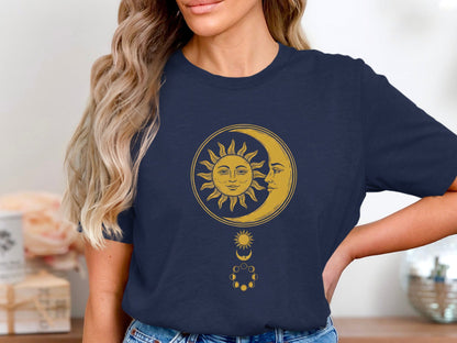 Vintage Sun & Moon Phases Tee – Antique Gold Celestial T-Shirt