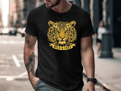 Golden Floral Tiger 'Wild & Free' Black Banner T-Shirt