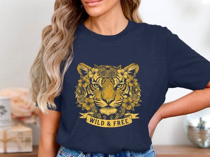 Golden Floral Tiger 'Wild & Free' Black Banner T-Shirt