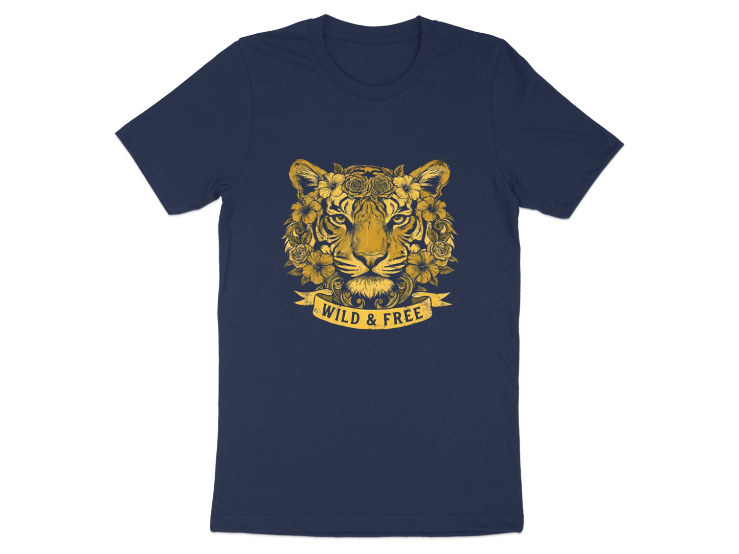 Golden Floral Tiger 'Wild & Free' Black Banner T-Shirt