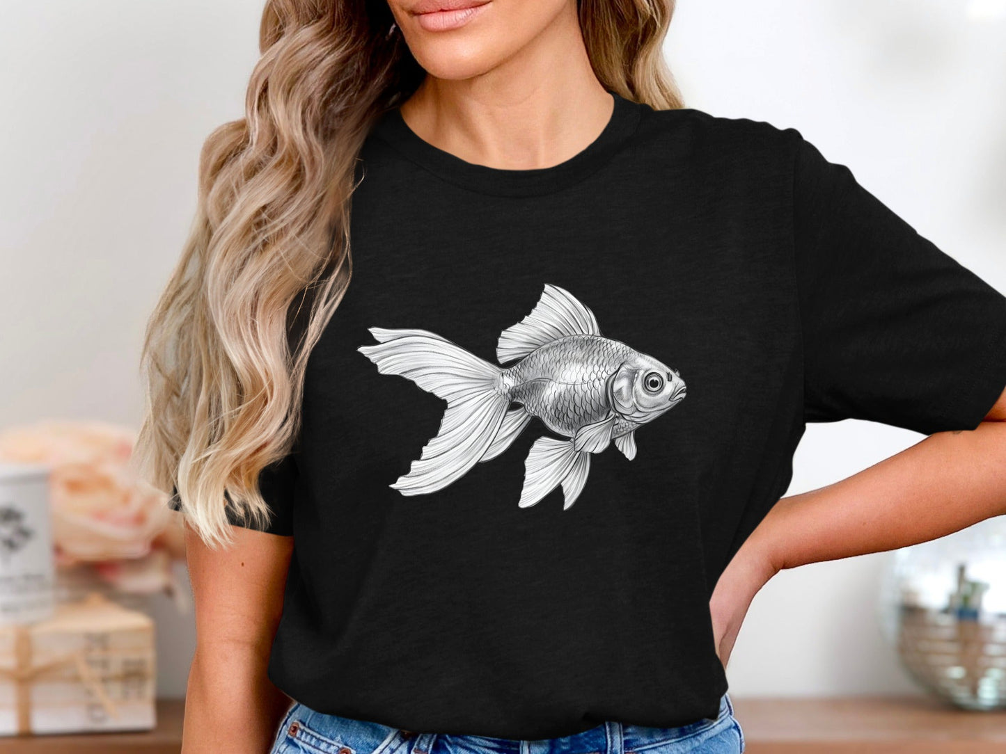 Elegant Goldfish Pencil Drawing Artistic T-Shirt
