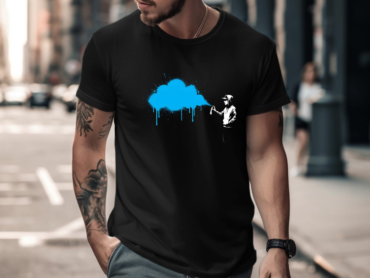 Graffiti Artist Spraying Neon Blue Graphic Tee