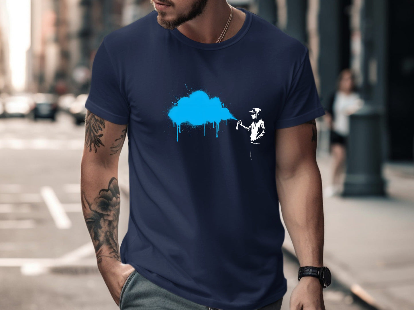 Graffiti Artist Spraying Neon Blue Graphic Tee