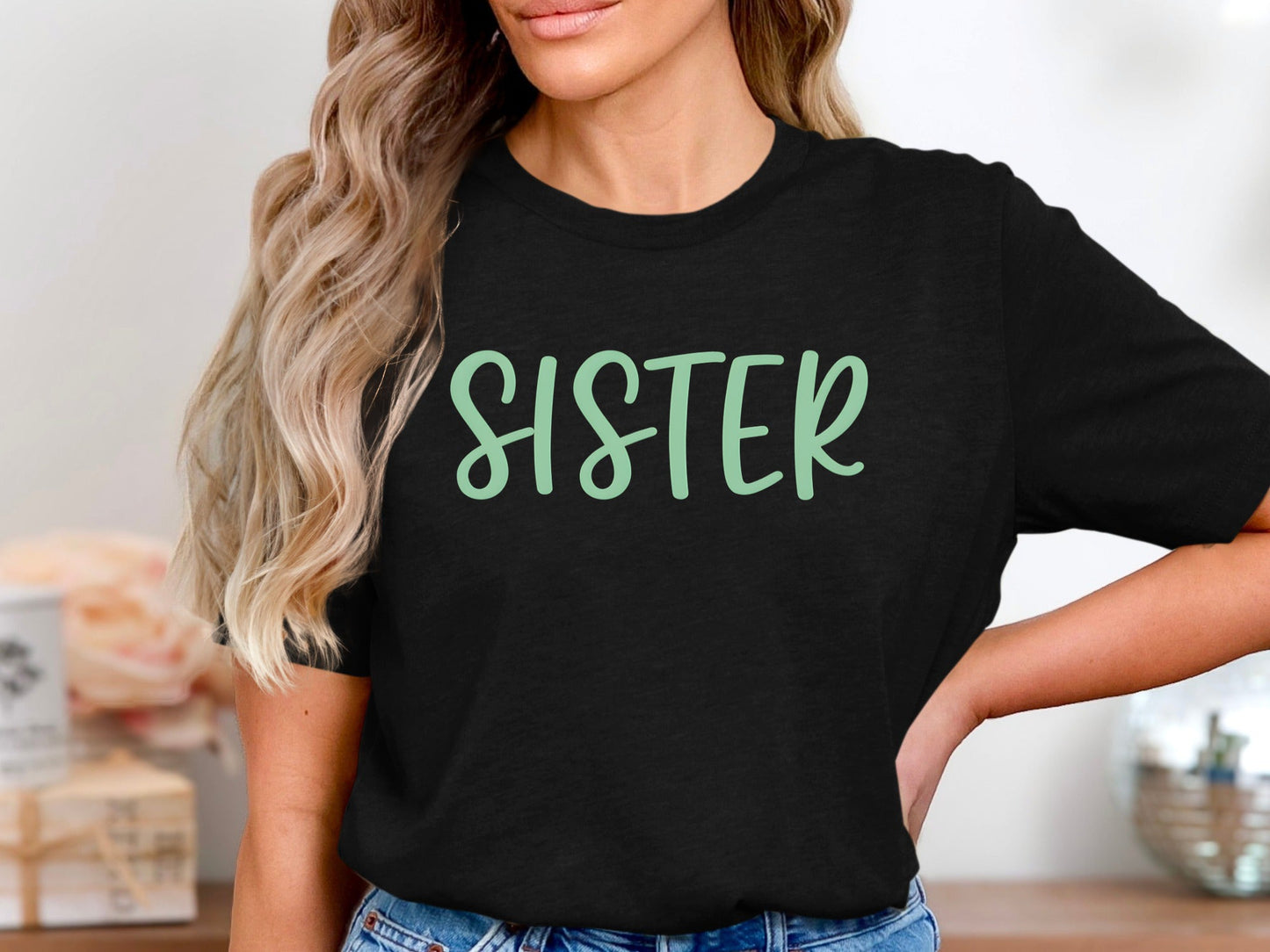 Bold Emerald Green Sister Script Tee - Minimalist Quote Shirt