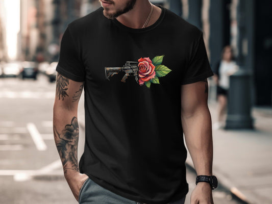 Gun and Red Rose Realistic Graphic Tee