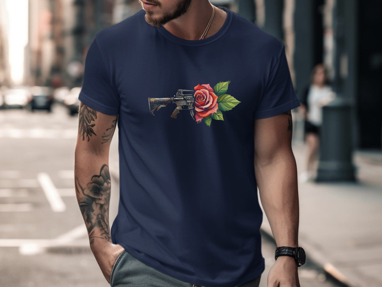 Gun and Red Rose Realistic Graphic Tee