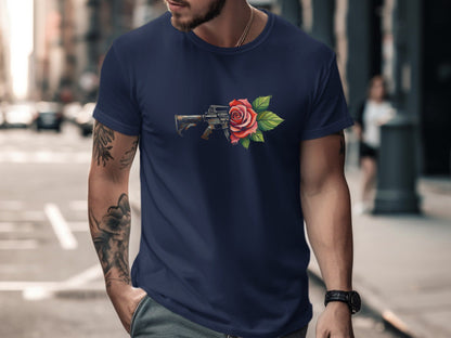 Gun and Red Rose Realistic Graphic Tee