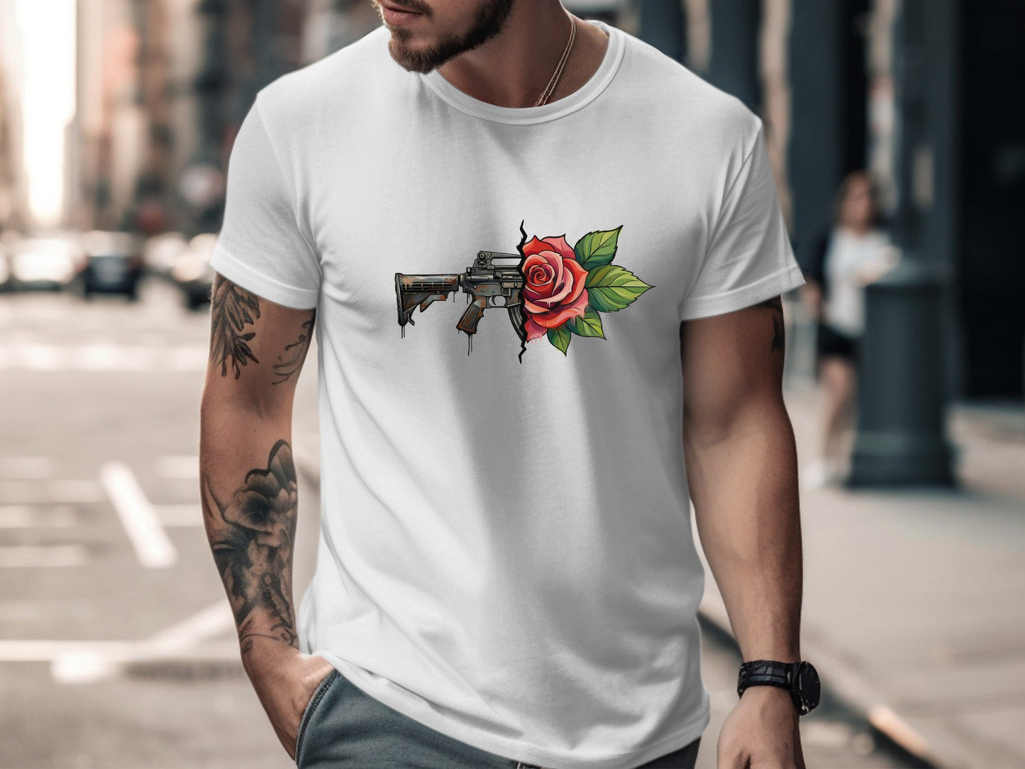 Gun and Red Rose Realistic Graphic Tee