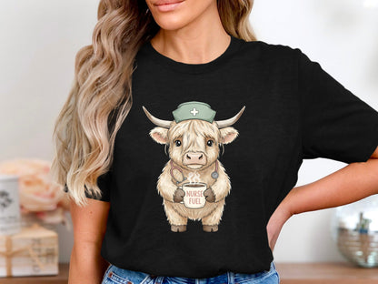 Highland Cow Nurse Fuel T-Shirt - Cute Animal Medical Tee