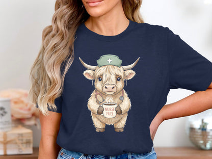 Highland Cow Nurse Fuel T-Shirt - Cute Animal Medical Tee