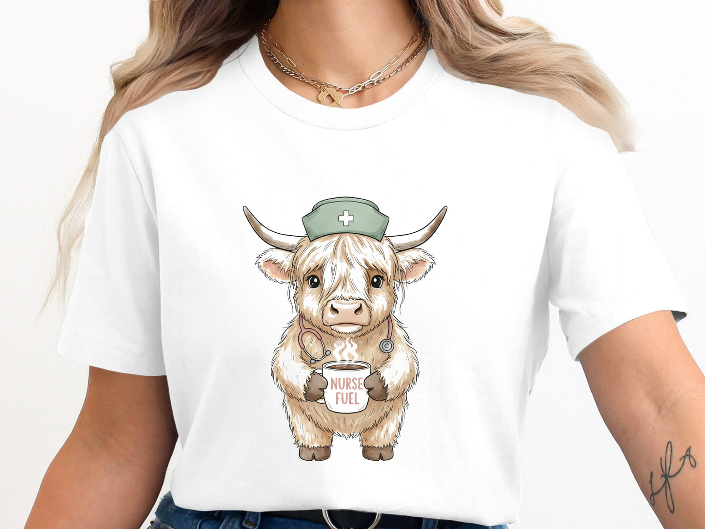 Highland Cow Nurse Fuel T-Shirt - Cute Animal Medical Tee