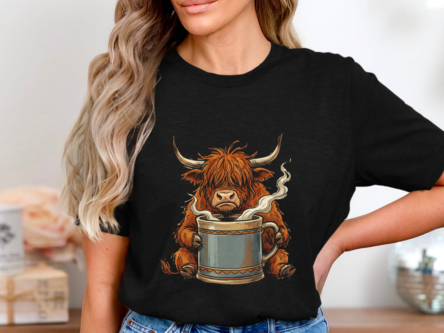 Grumpy Highland Cow & Coffee Mug T-Shirt - Morning Mood
