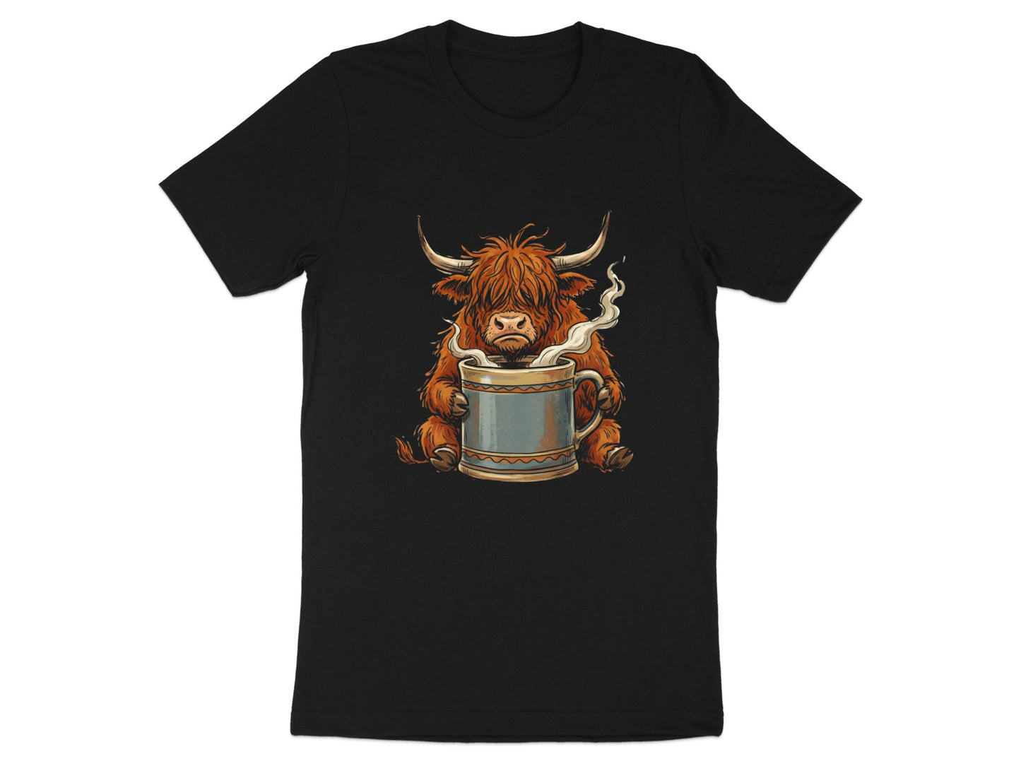 Grumpy Highland Cow & Coffee Mug T-Shirt - Morning Mood