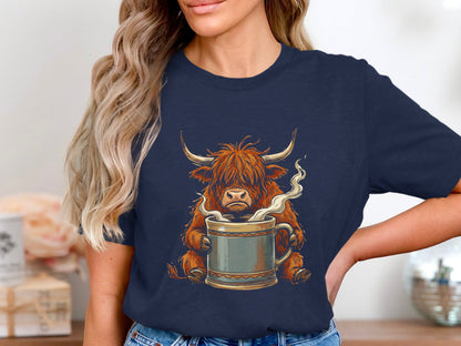Grumpy Highland Cow & Coffee Mug T-Shirt - Morning Mood