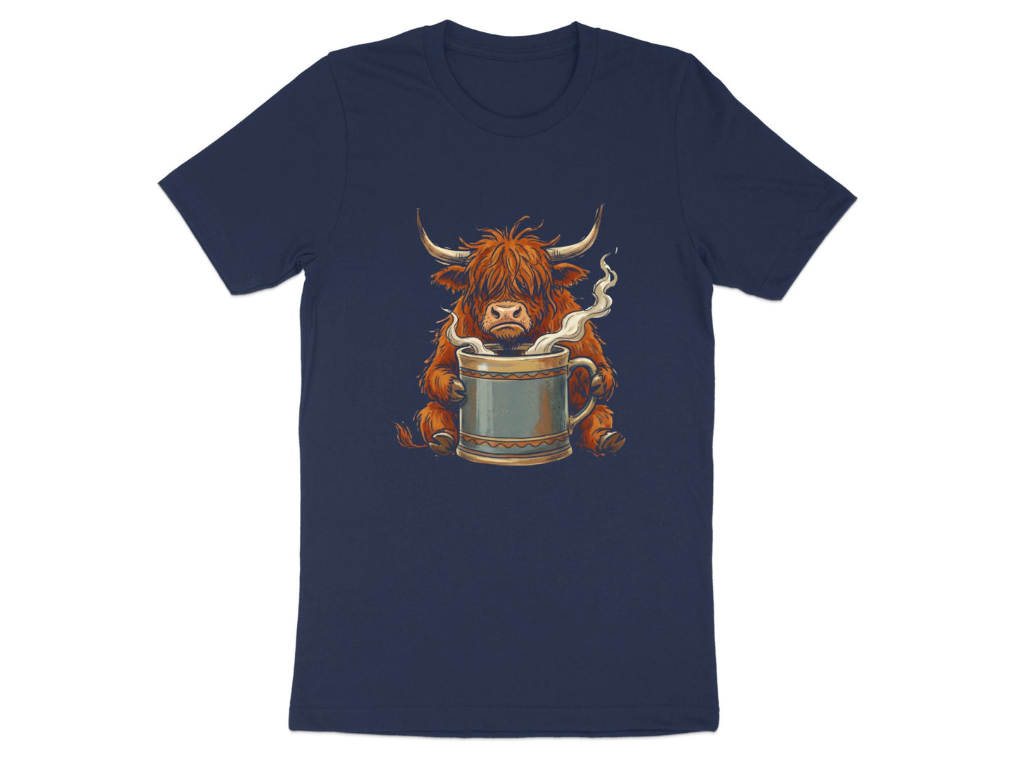 Grumpy Highland Cow & Coffee Mug T-Shirt - Morning Mood