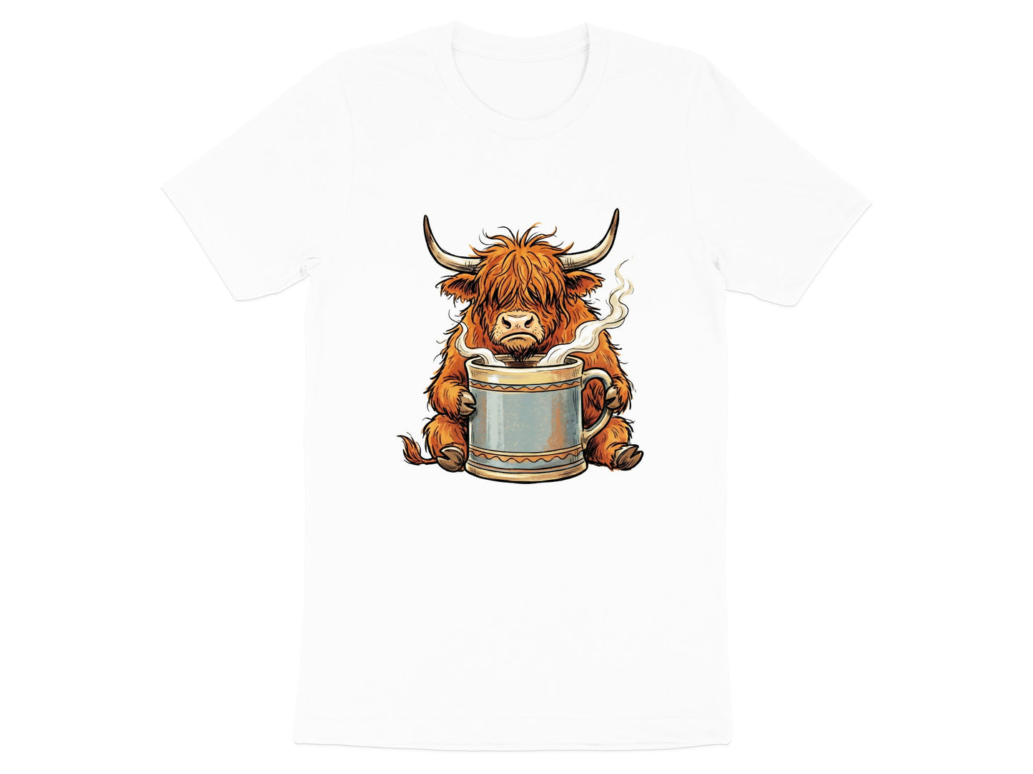 Grumpy Highland Cow & Coffee Mug T-Shirt - Morning Mood