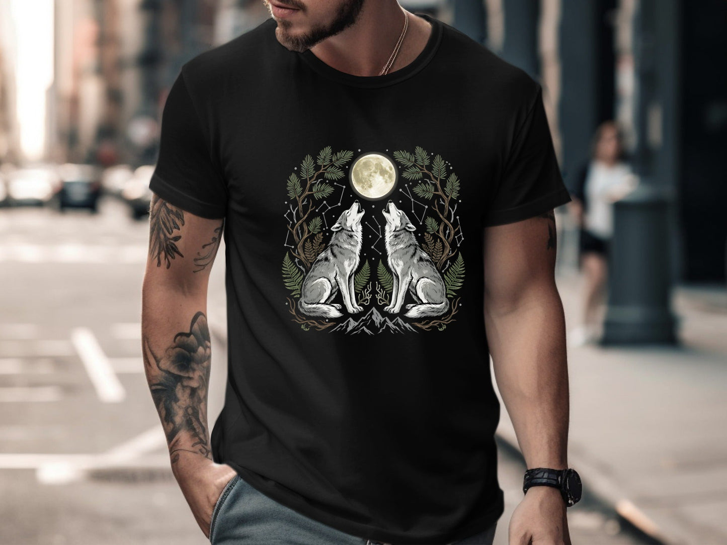 Twin Howling Wolves Moon T-Shirt - Forest Constellation Art