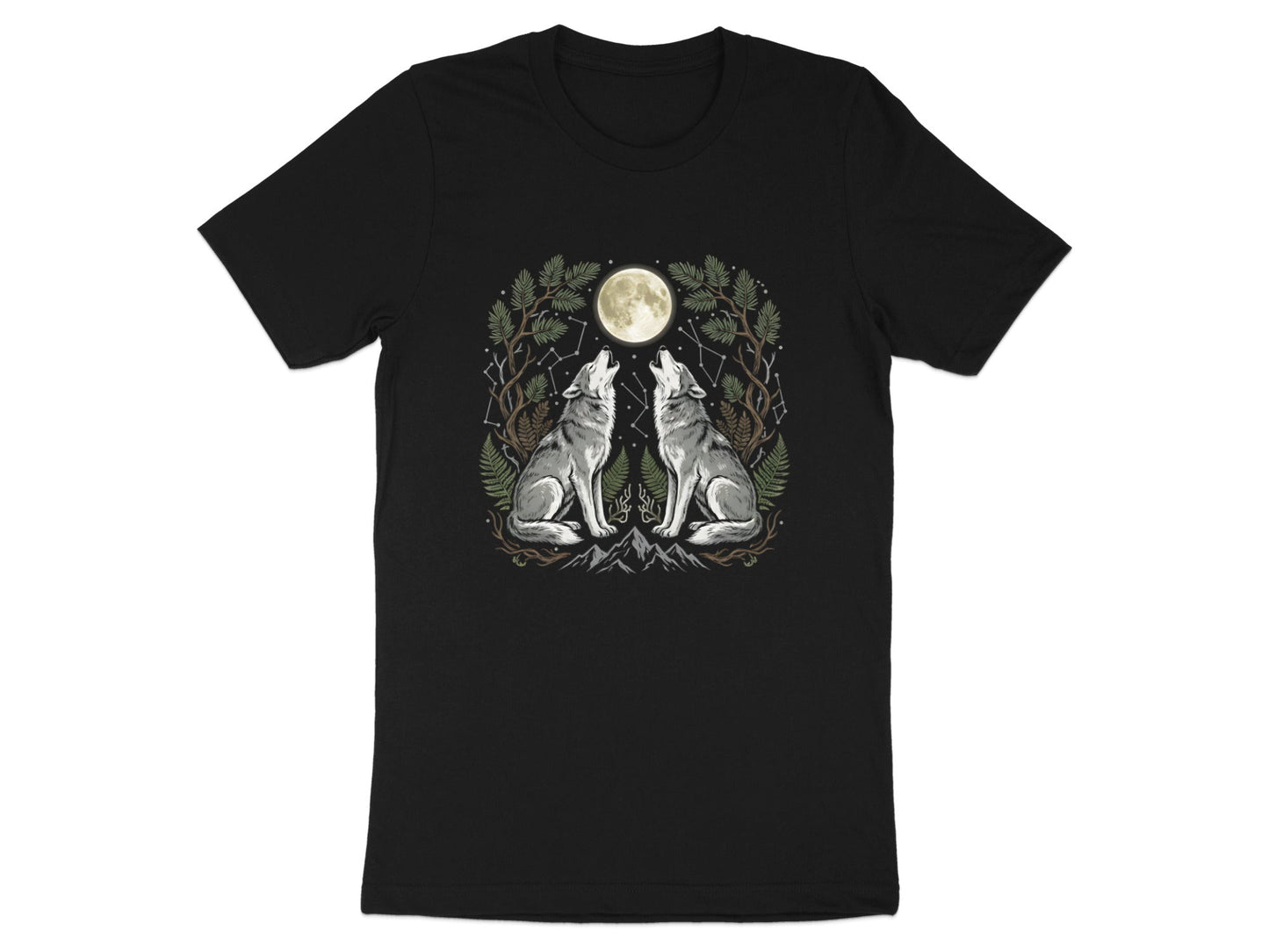 Twin Howling Wolves Moon T-Shirt - Forest Constellation Art