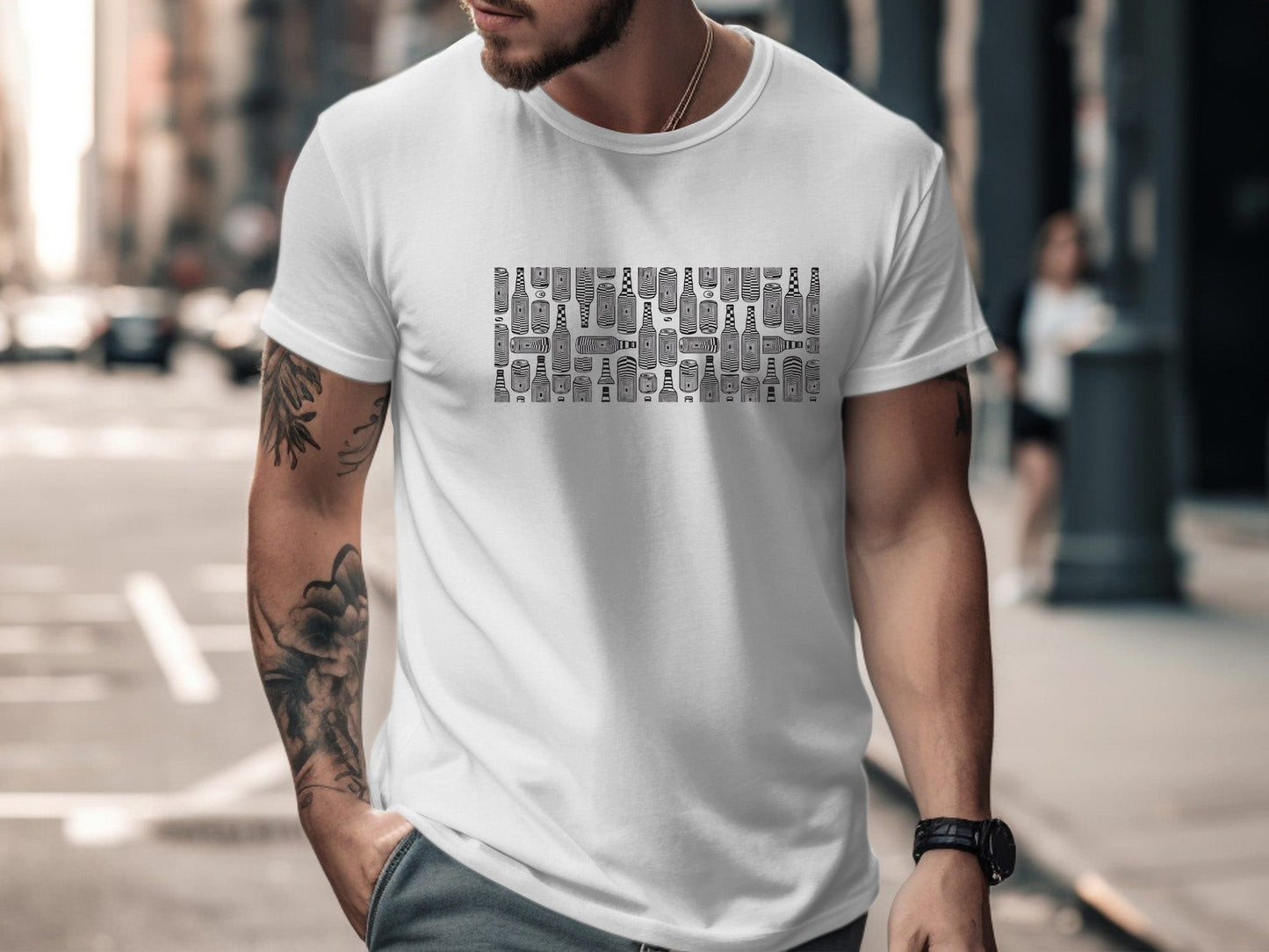 Monochrome Beer Bottle Grid Pattern T-Shirt