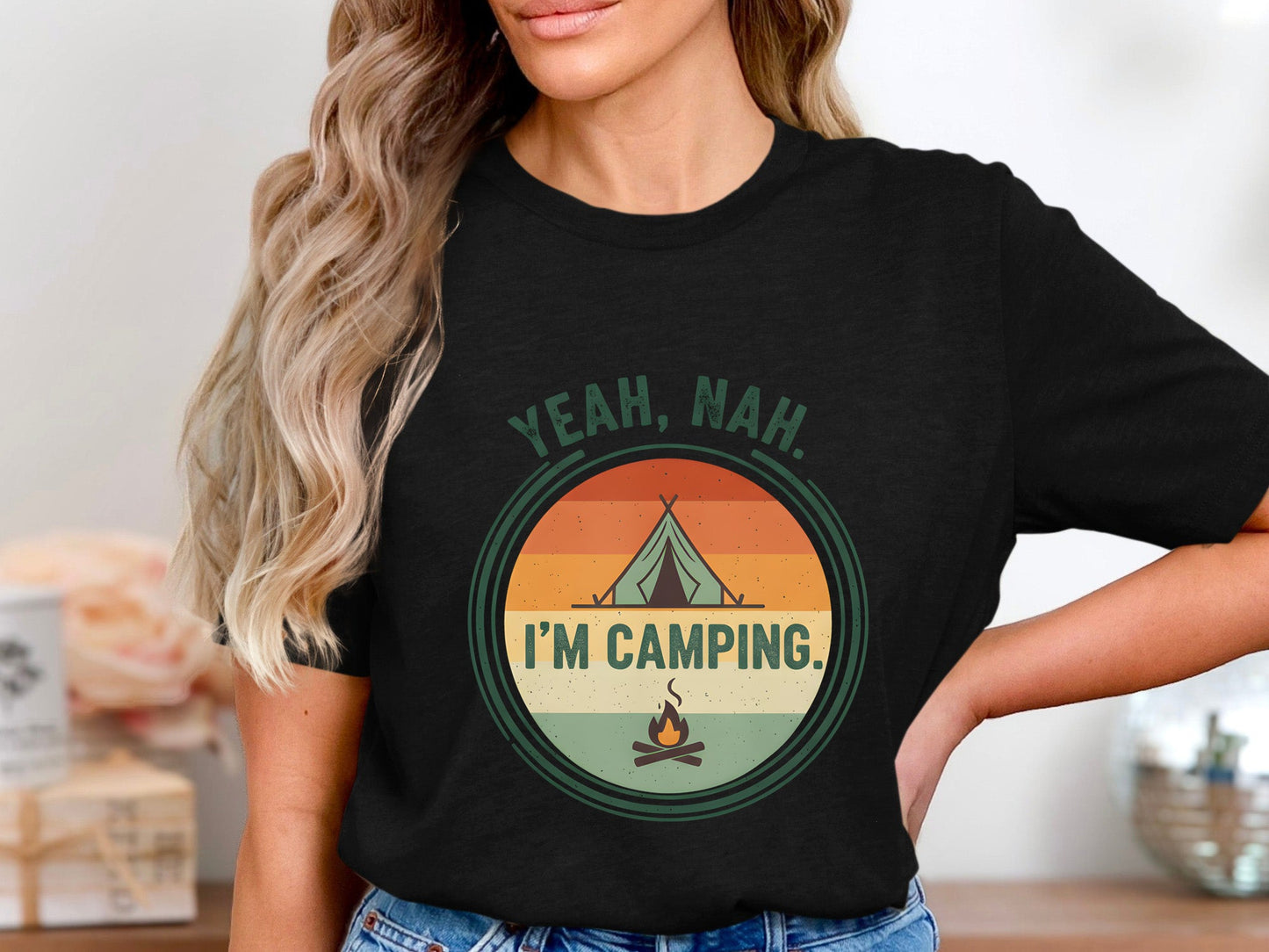 Yeah, Nah. I'm Camping. Retro Sunset T-Shirt
