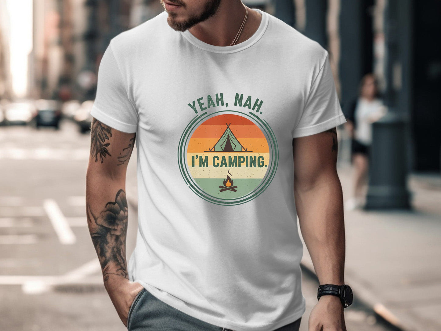 Yeah, Nah. I'm Camping. Retro Sunset T-Shirt