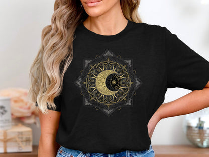 Celestial Sun & Moon Gold Mandala T-Shirt