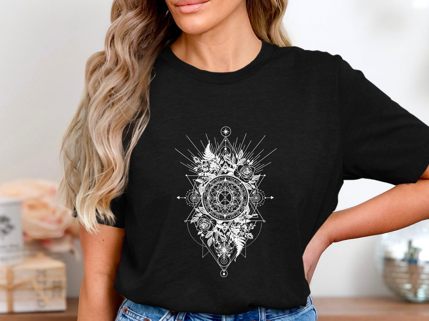 Sacred Geometry Mandala Tee – Floral Tattoo Style T-Shirt