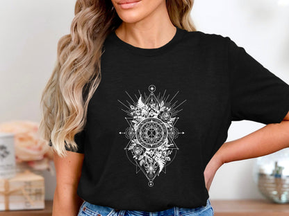 Sacred Geometry Mandala Tee – Floral Tattoo Style T-Shirt