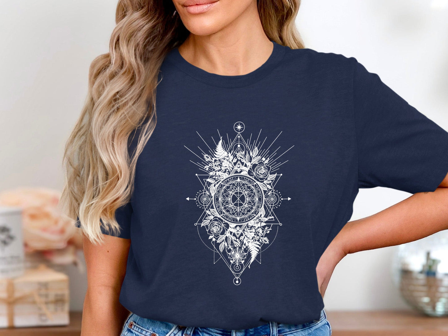 Sacred Geometry Mandala Tee – Floral Tattoo Style T-Shirt