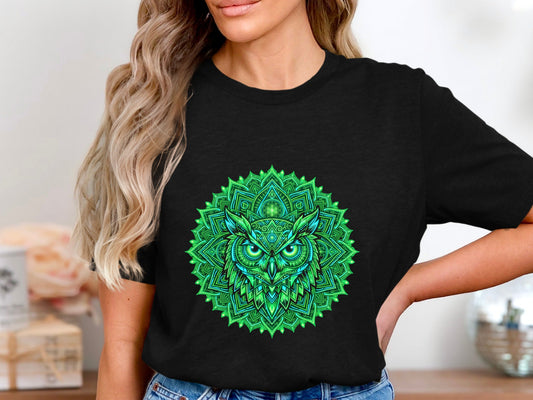 Intricate Owl Mandala T-Shirt - Green & Blue Sacred Geometry
