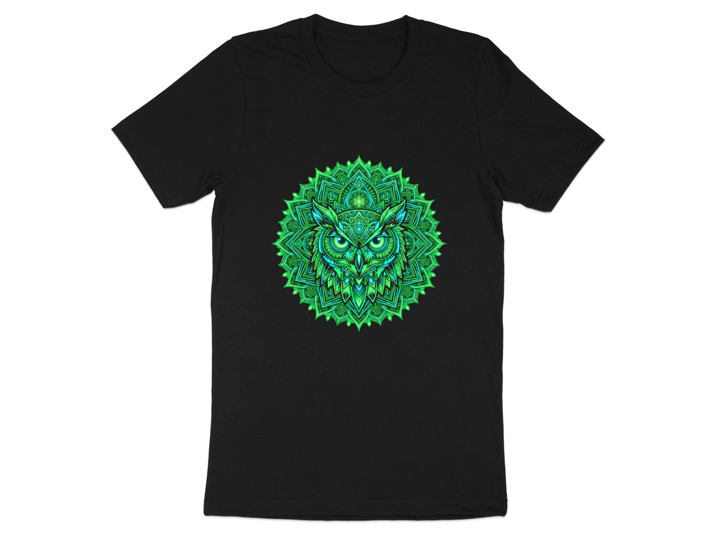 Intricate Owl Mandala T-Shirt - Green & Blue Sacred Geometry