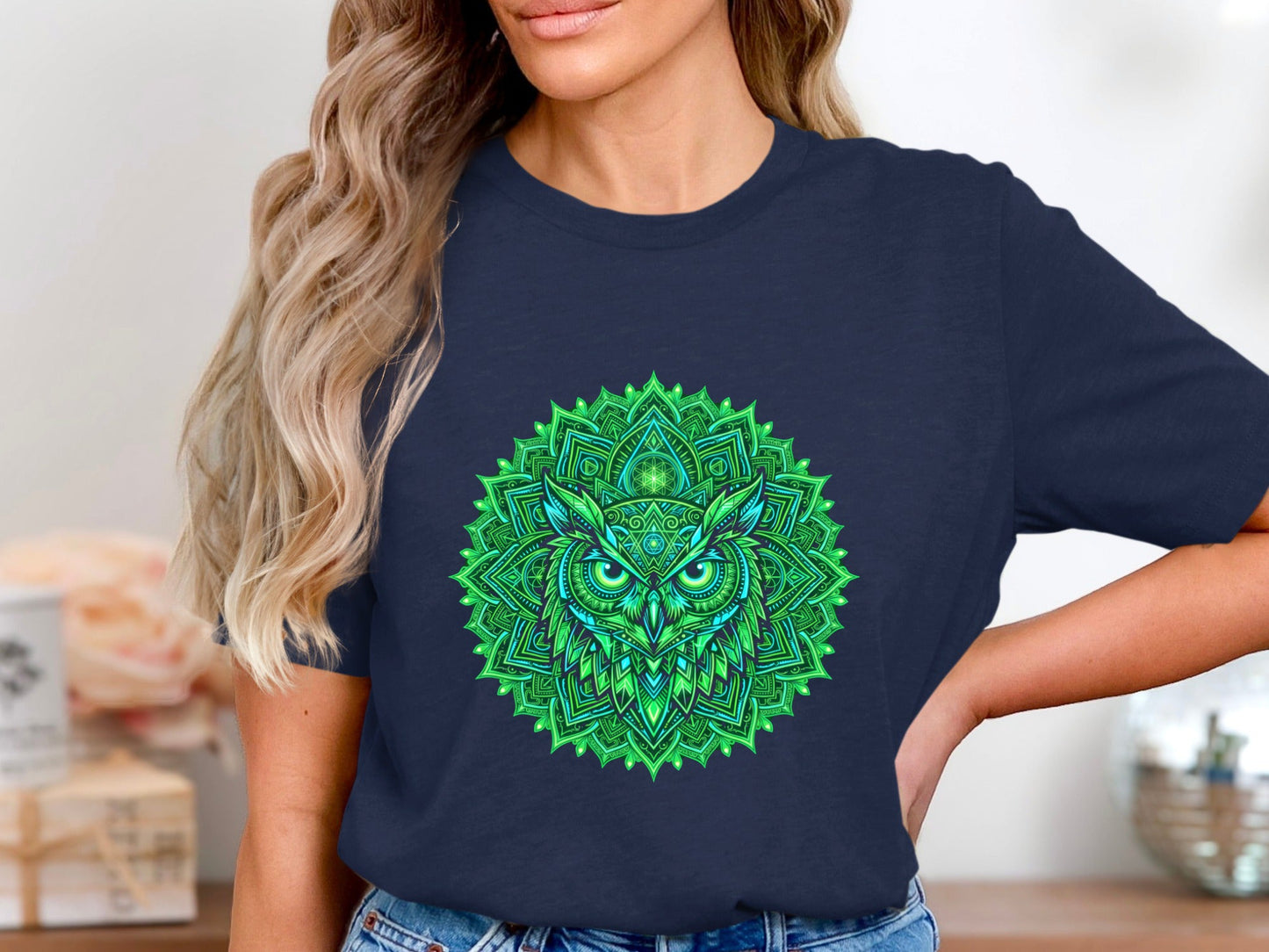 Intricate Owl Mandala T-Shirt - Green & Blue Sacred Geometry