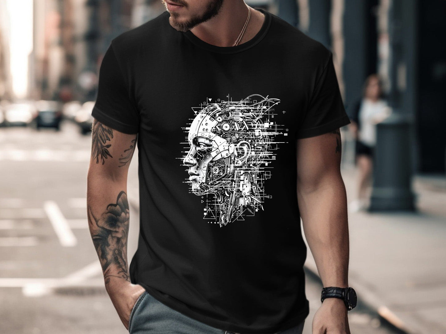 Cybernetic Profile Glitch Art T-Shirt