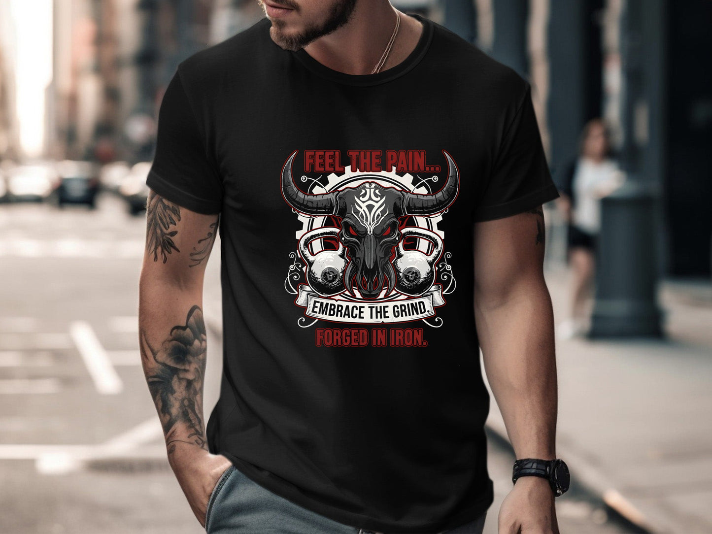 Embrace The Grind Bull Skull Forged In Iron Gym T-Shirt