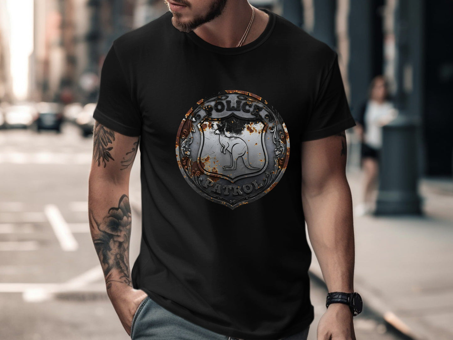 Kangaroo Police Patrol Badge T-Shirt - Rustic Metal Design