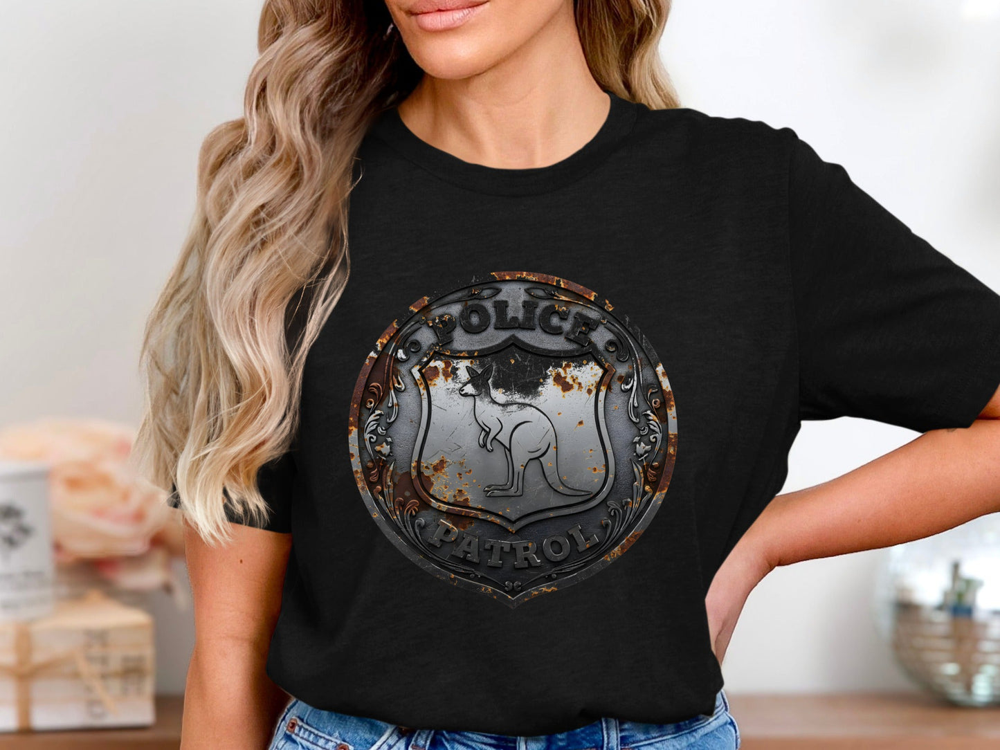 Kangaroo Police Patrol Badge T-Shirt - Rustic Metal Design