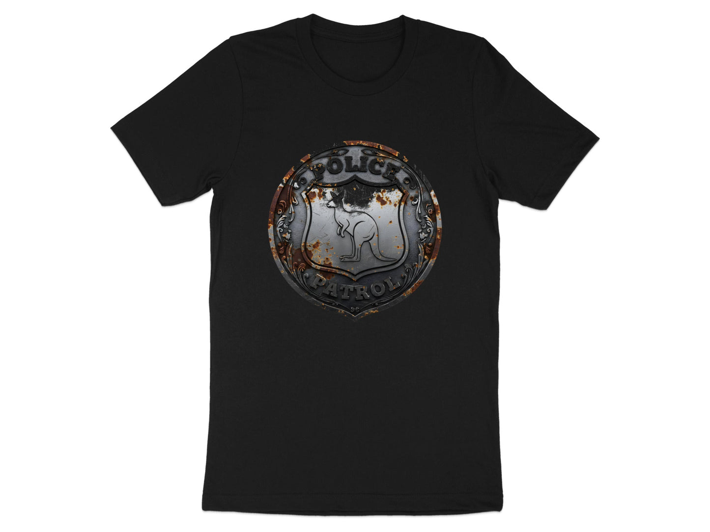 Kangaroo Police Patrol Badge T-Shirt - Rustic Metal Design
