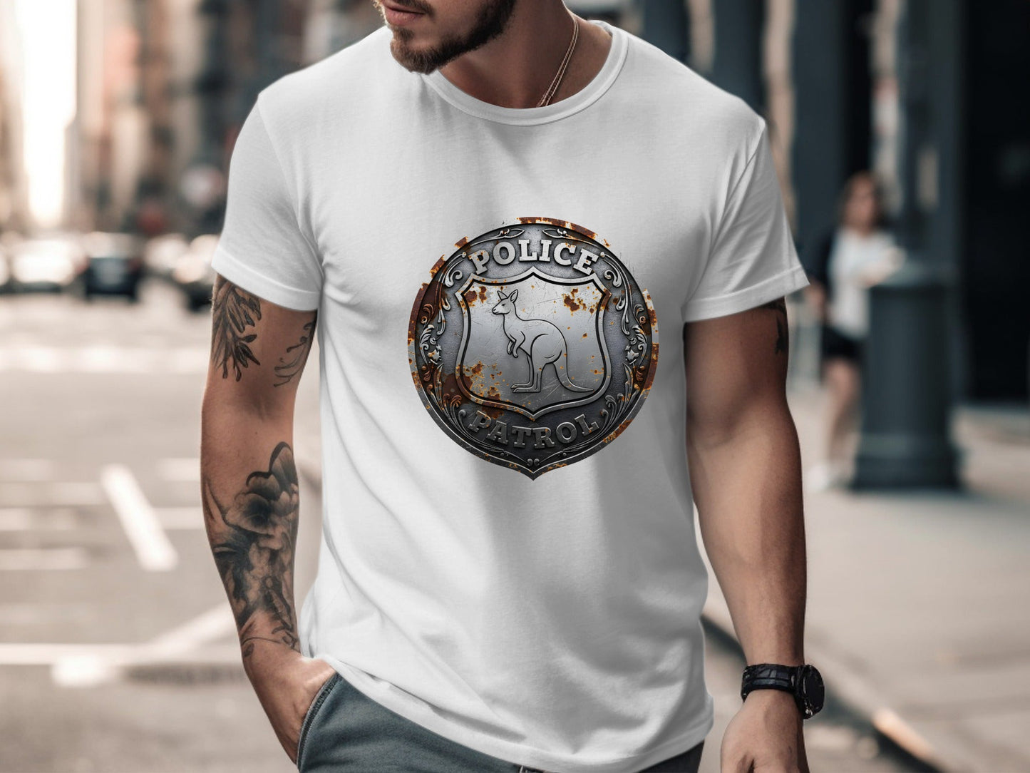 Kangaroo Police Patrol Badge T-Shirt - Rustic Metal Design