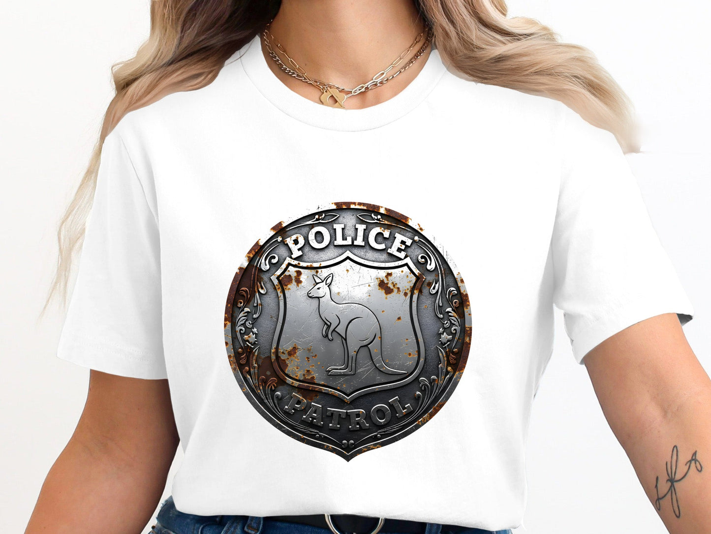 Kangaroo Police Patrol Badge T-Shirt - Rustic Metal Design