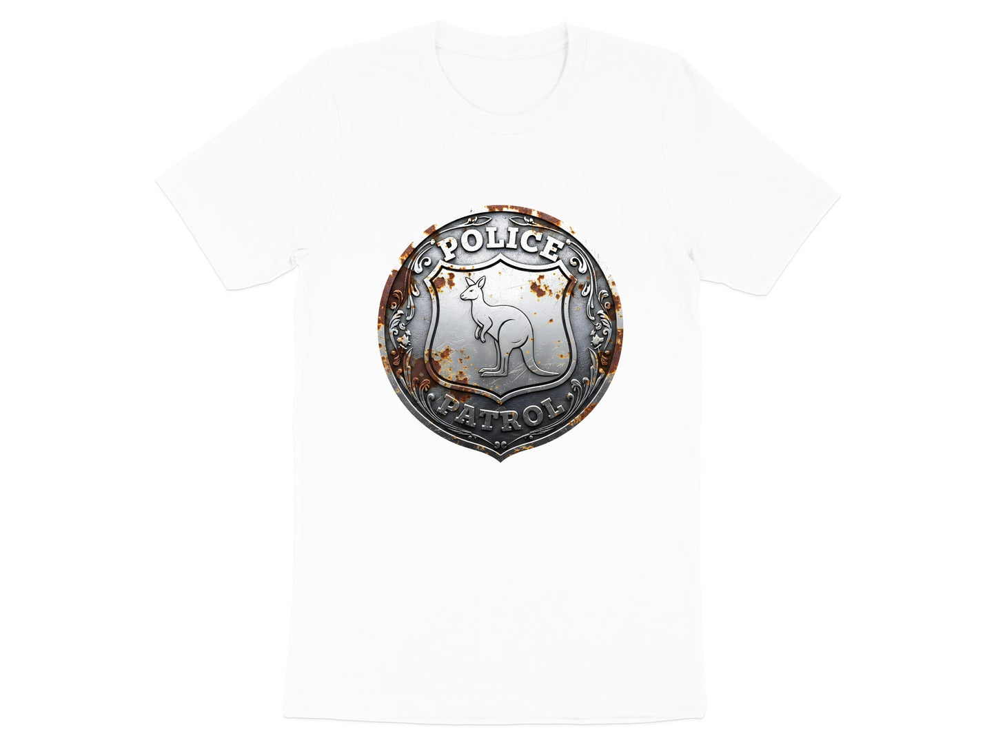 Kangaroo Police Patrol Badge T-Shirt - Rustic Metal Design