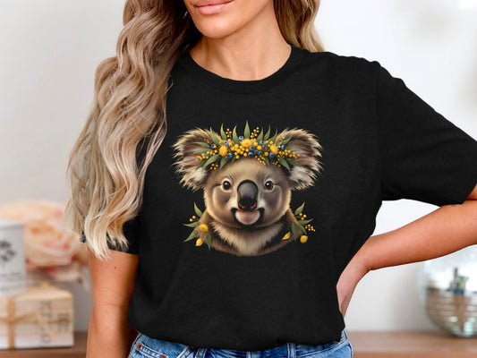 Koala with Wattle Flower Crown T-Shirt | Native Floral Tee