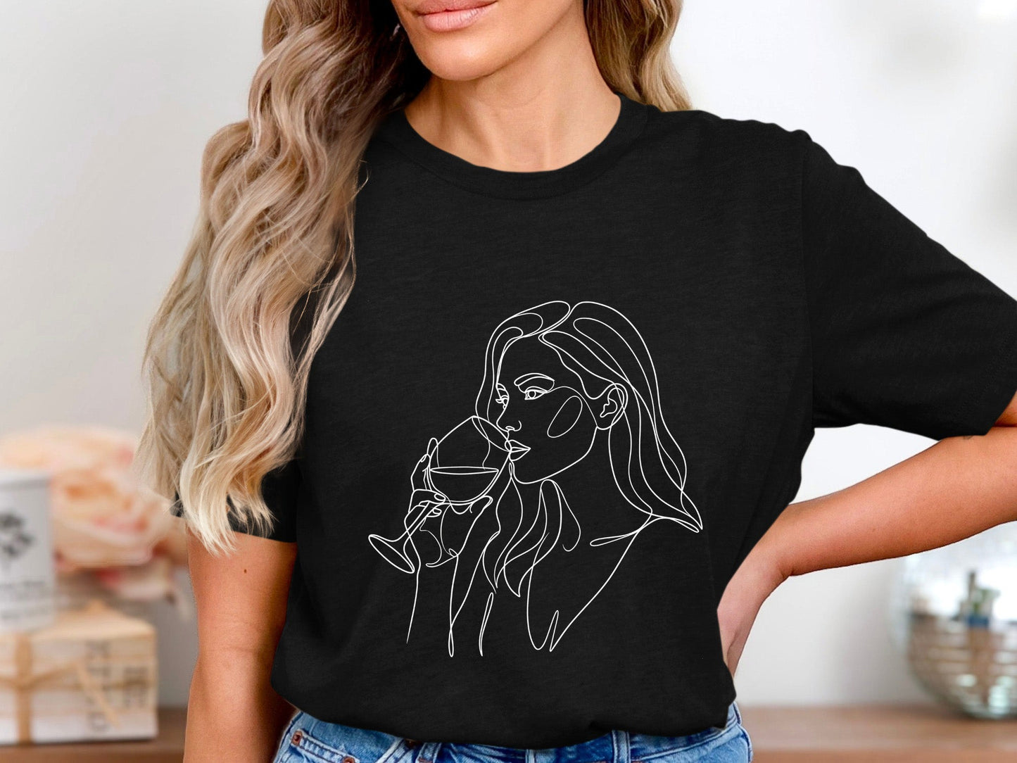 Minimalist Wine Lady Line Art T-Shirt