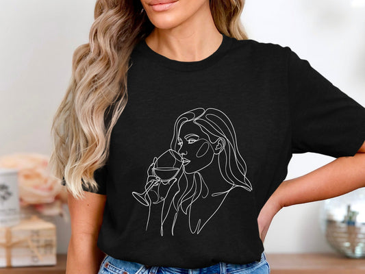 Minimalist Wine Lady Line Art T-Shirt