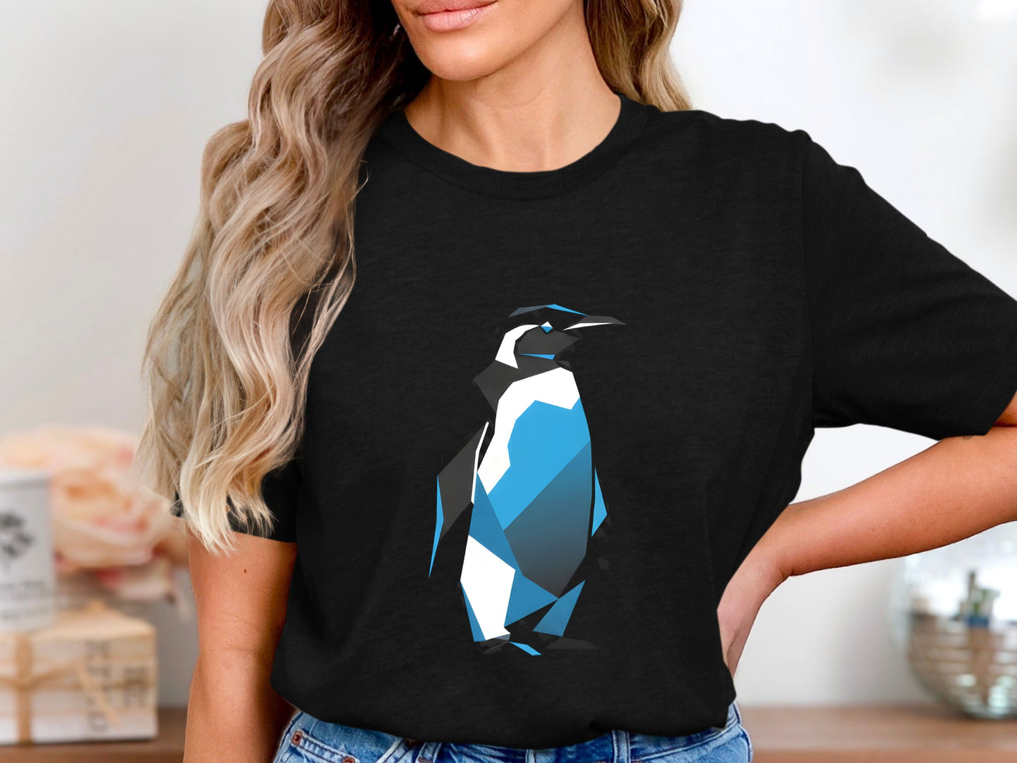 Low Poly Geometric Penguin T-Shirt - Modern Blue Tech Art