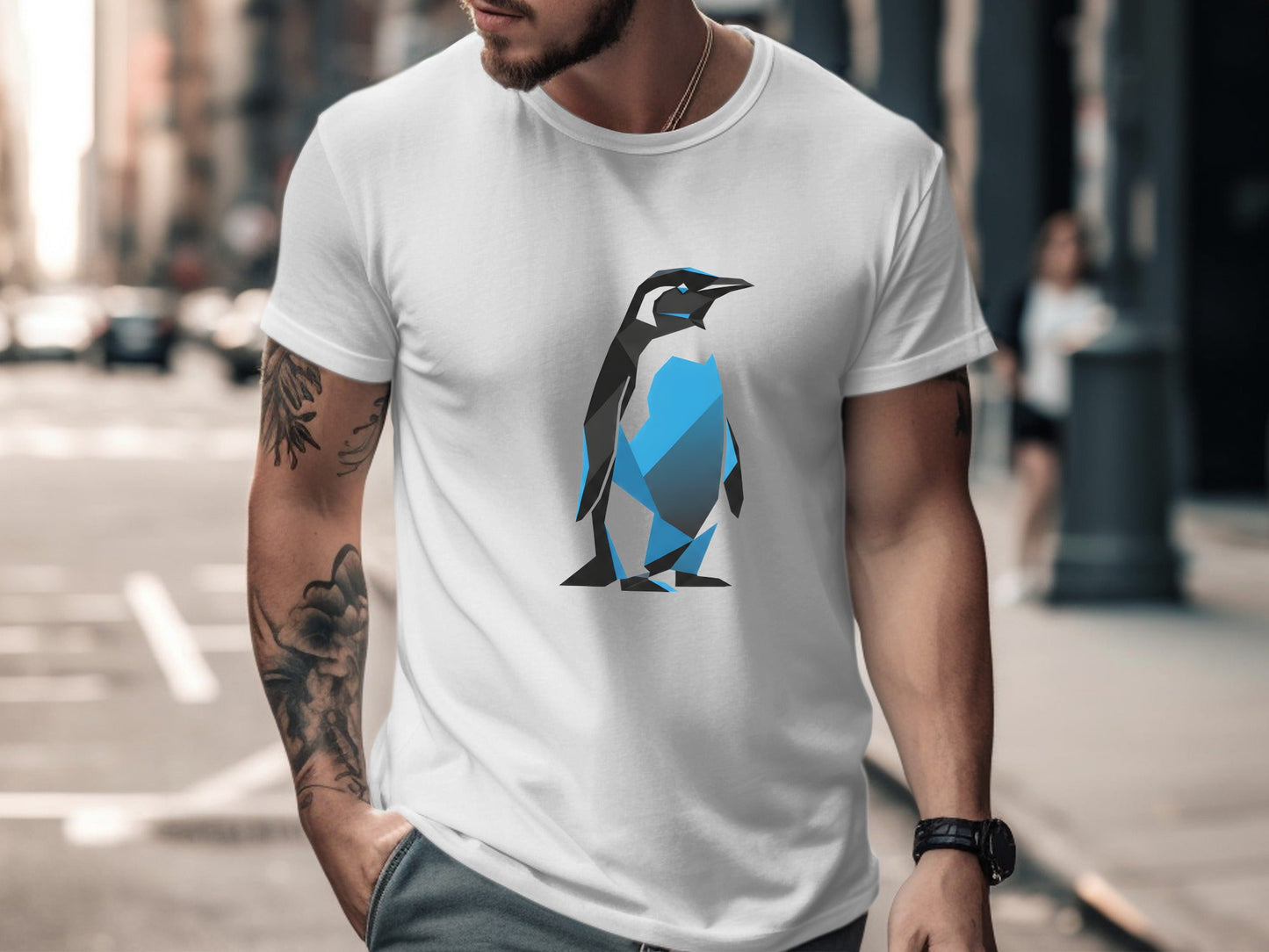 Low Poly Geometric Penguin T-Shirt - Modern Blue Tech Art