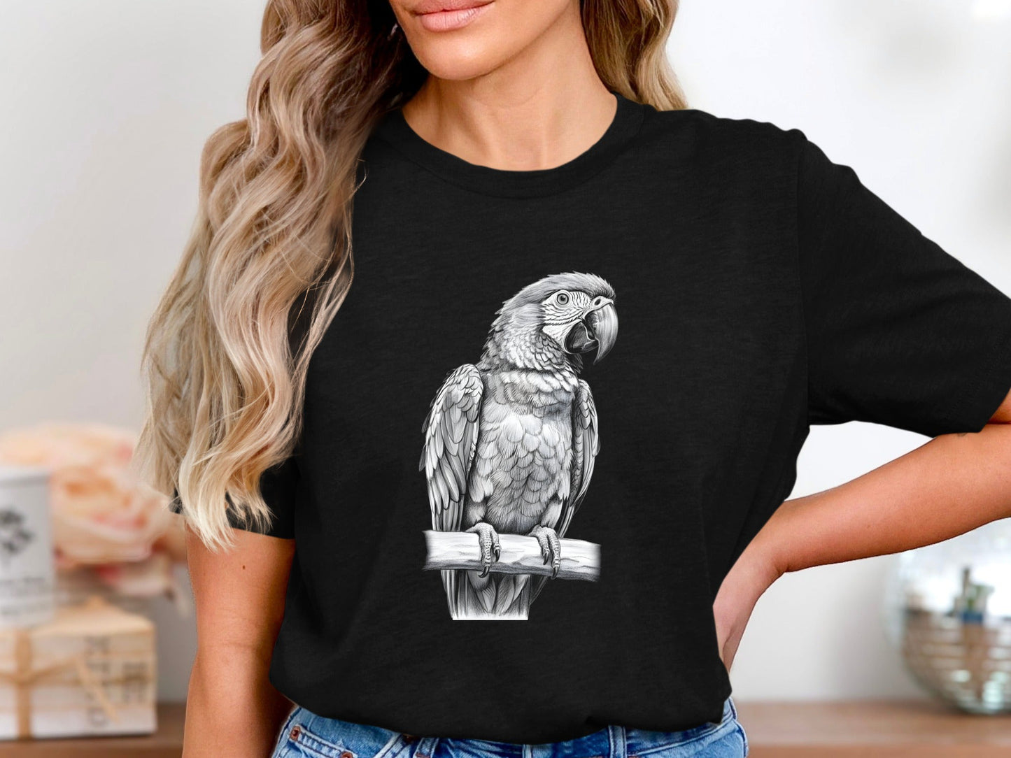 Macaw Parrot Detailed Pencil Sketch Artistic T-Shirt