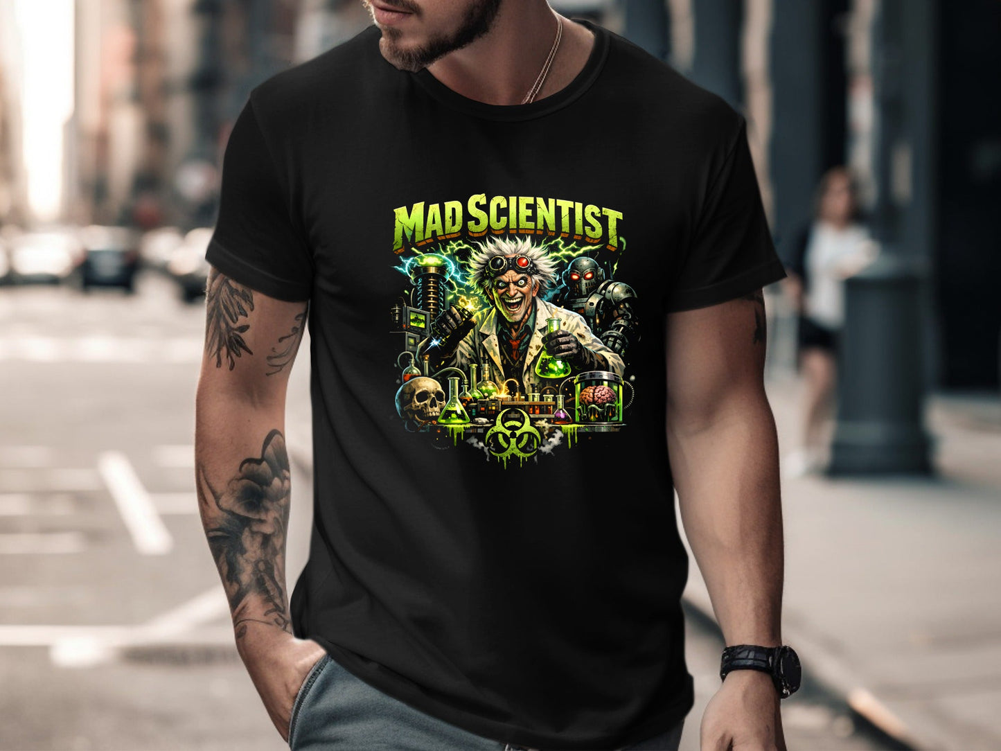 Mad Scientist Retro Illustration T-Shirt - Sci-Fi Lab Tee