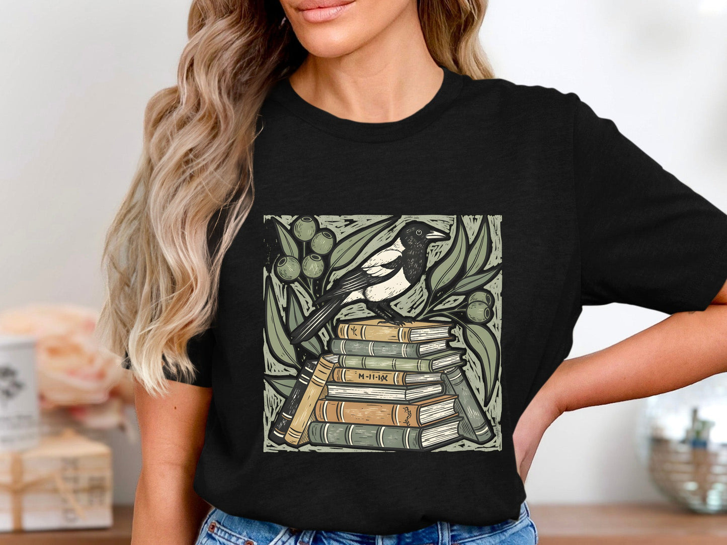 Magpie & Book Stack Linocut Tee