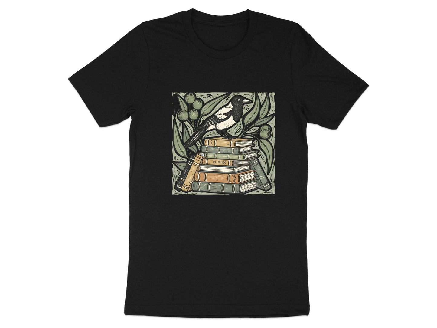 Magpie & Book Stack Linocut Tee