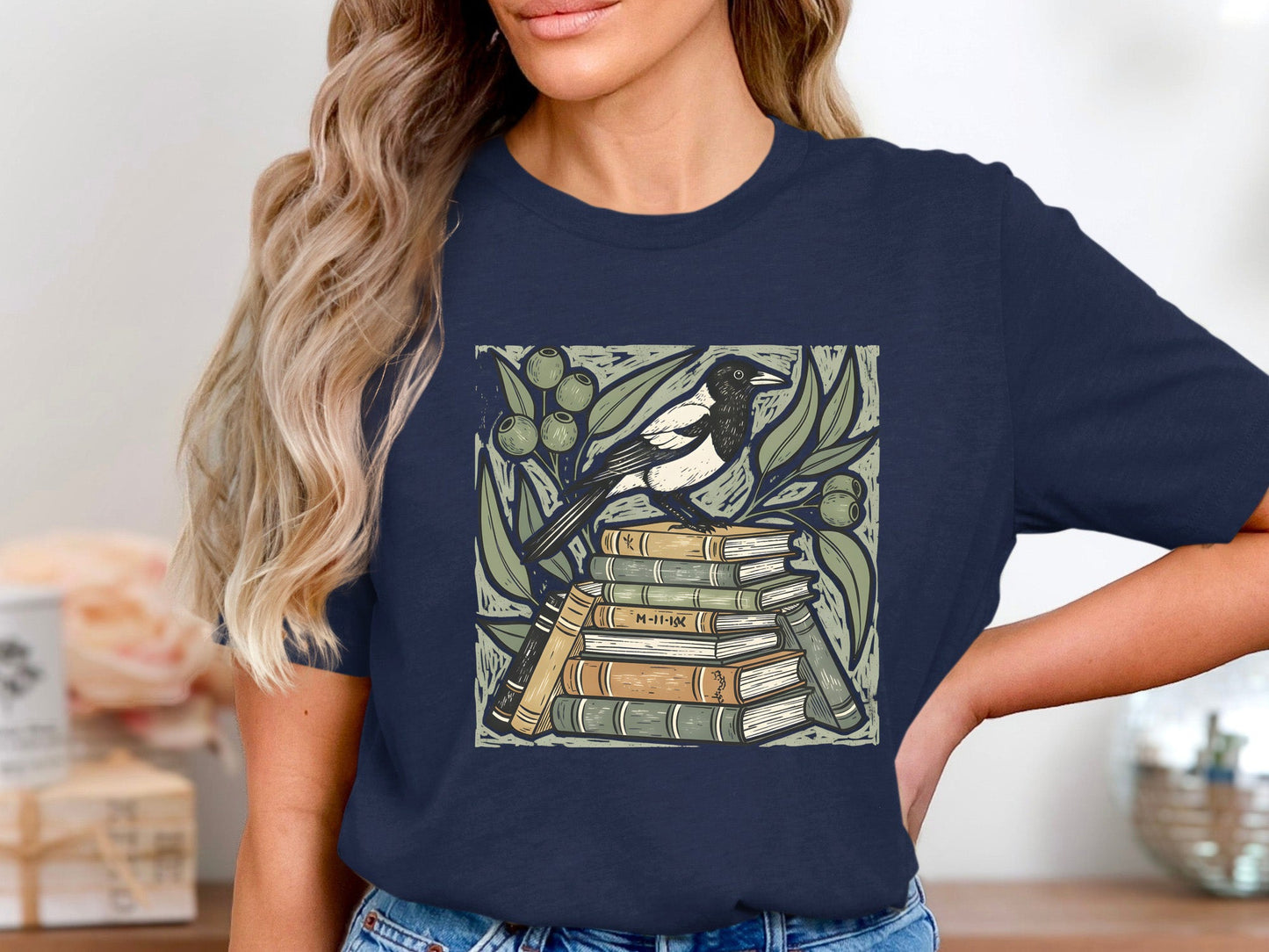 Magpie & Book Stack Linocut Tee
